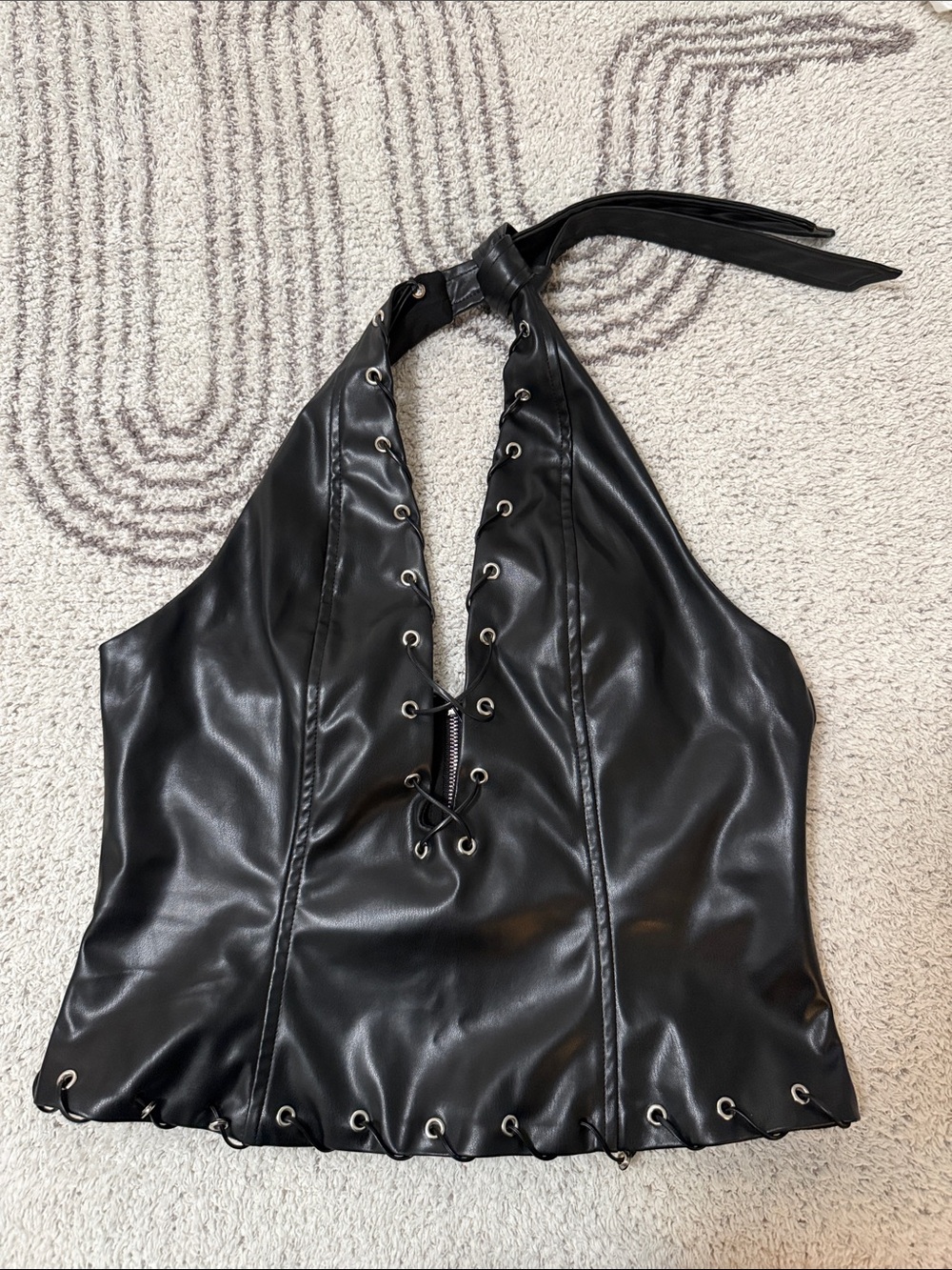 Faux Leather Halter Lace-Up